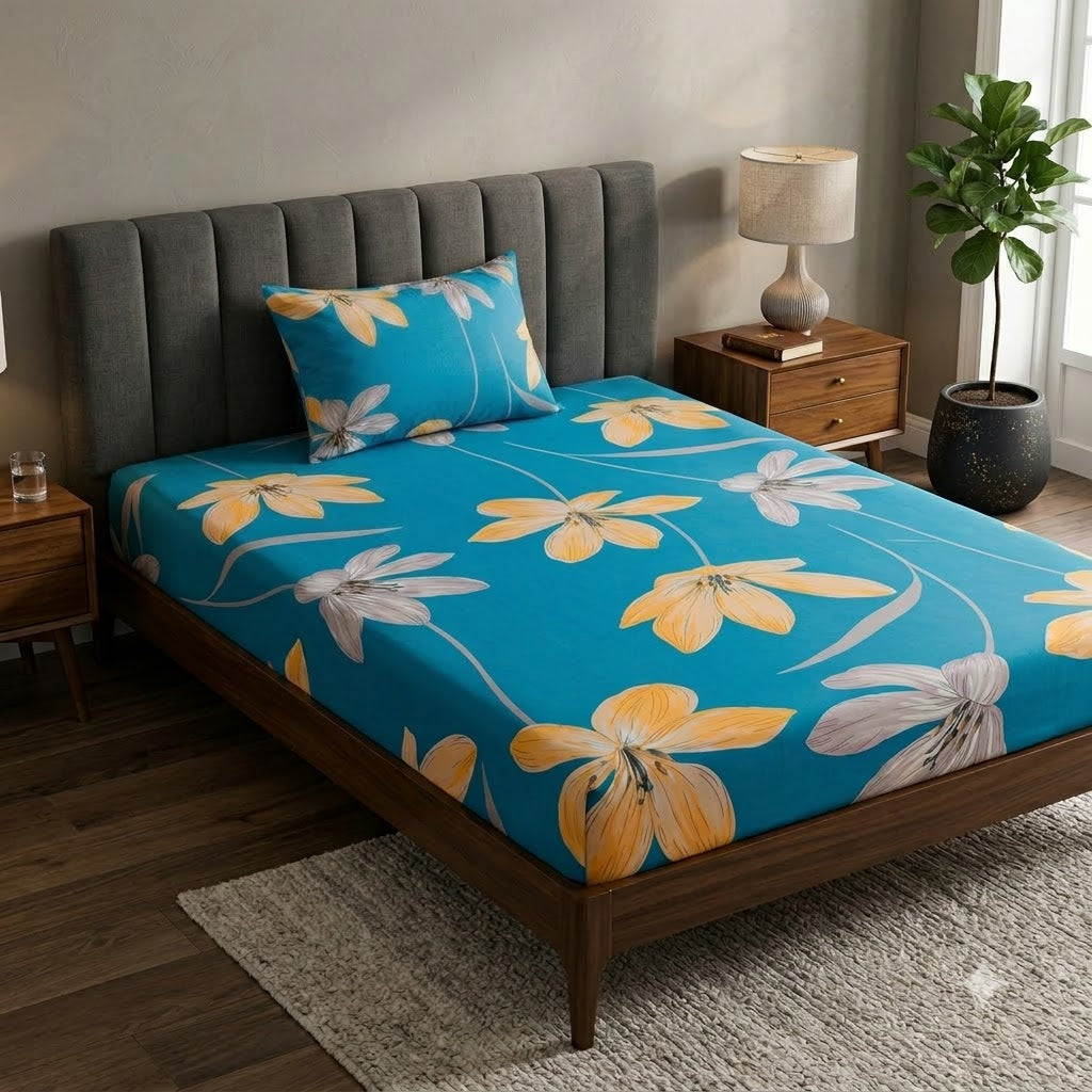 Nuvinor™ Premium Floral 60x90 Inch Single Glace Cotton Bedsheet with 1 Pillow Covers
