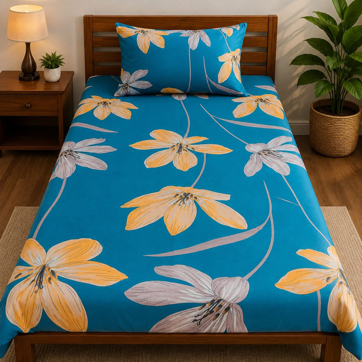 Nuvinor™ Premium Floral 60x90 Inch Single Glace Cotton Bedsheet with 1 Pillow Covers